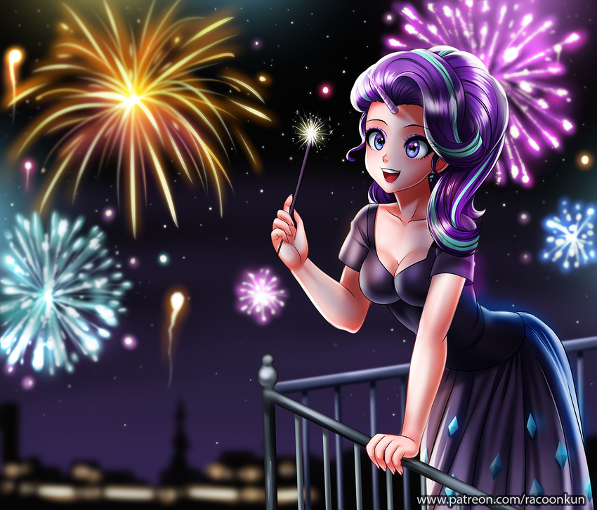 2018 animal_humanoid balcony breasts cleavage clothed clothing digital_media_(artwork) dress equine equine_humanoid female fireworks friendship_is_magic hair holding_object horn humanoid long_hair mammal multicolored_hair my_little_pony night open_mouth open_smile racoon-kun smile solo sparkler starlight_glimmer_(mlp) two_tone_hair