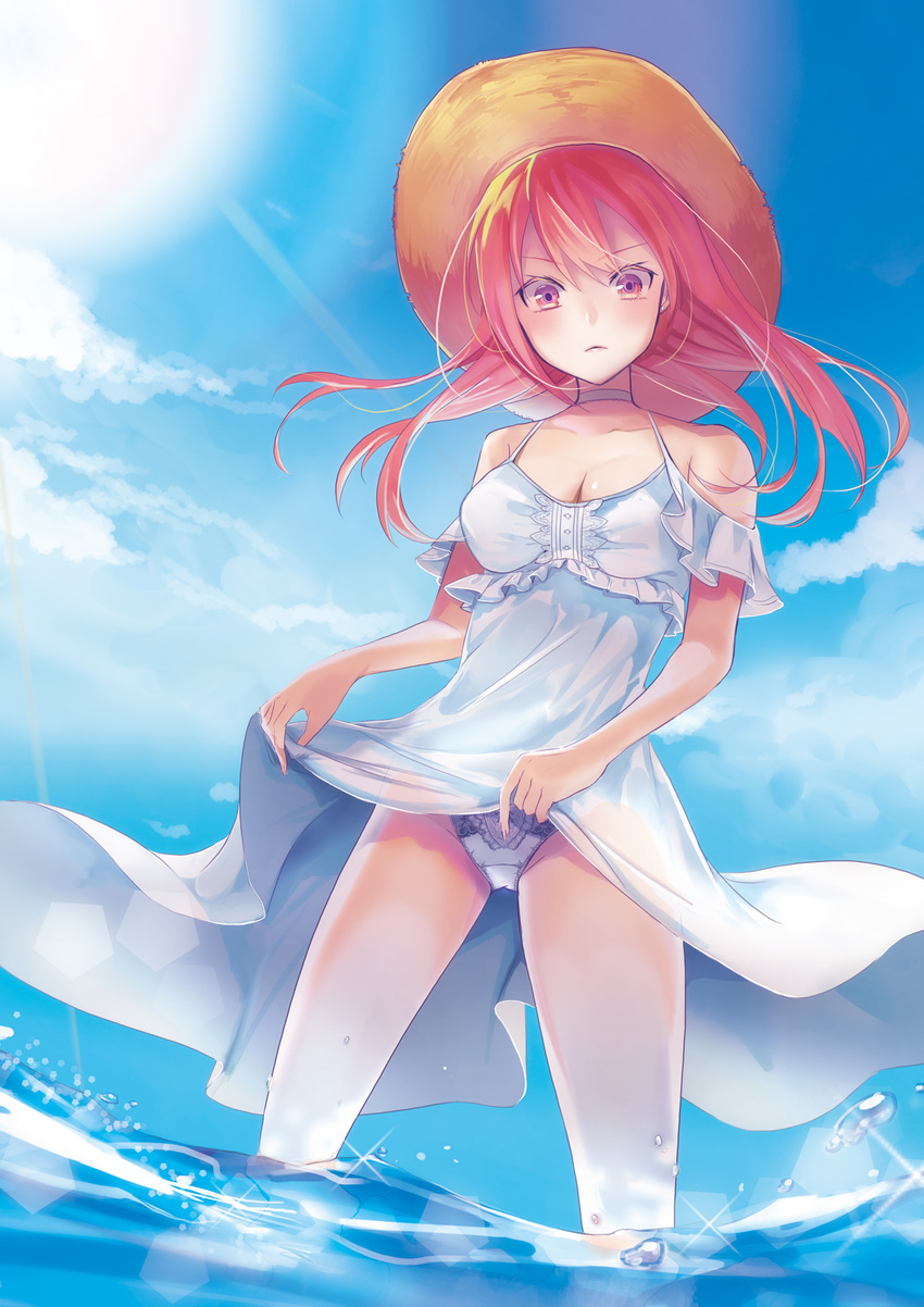 blue_sky breasts choker cleavage cloud cloudy_sky commentary_request day dress dress_lift hat highres lifted_by_self long_hair looking_at_viewer medium_breasts memai ocean original red_eyes red_hair sky solo sun_hat sunlight wading white_dress