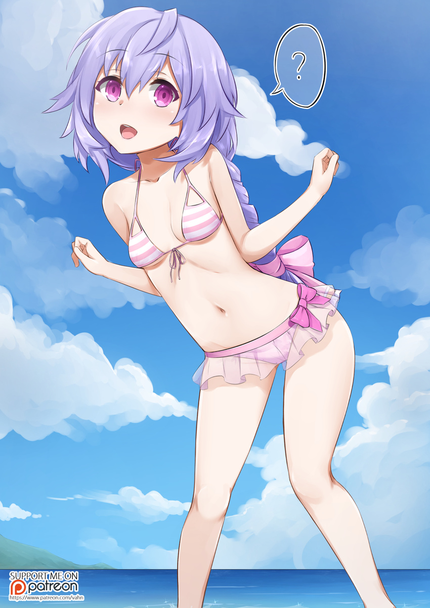 ? beach bikini blush braid commentary day front-tie_top hair_ornament highres kami_jigen_game_neptune_v long_hair looking_at_viewer navel neptune_(series) ocean open_mouth outdoors purple_eyes purple_hair pururut ribbon smile solo striped striped_bikini swimsuit thought_bubble vahn_yourdoom