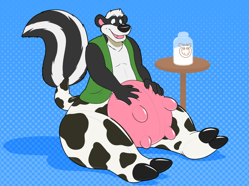 2017 2_toes 4_fingers abstract_background animate_inanimate anthro black_fur black_nose blue_background bottomless bovine cattle clothed clothing digital_drawing_(artwork) digital_media_(artwork) firr fur green_vest hair inflatable kitsunekit living_inflatable male mammal milk multicolored_fur open_mouth rubber shiny simple_background skunk smile solo spots spotted_tail striped_fur striped_tail stripes teats toes transformation udders vest white_fur white_hair