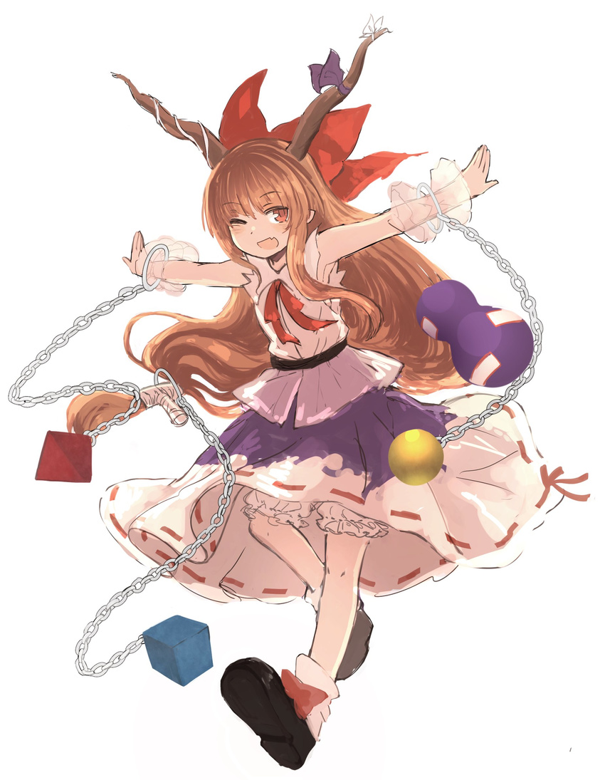 ;d armpits asymmetrical_hair black_footwear bloomers blush bow chain commentary cube eyebrows_visible_through_hair fang full_body gourd hair_bow highres horn_ribbon horns ibuki_suika inazakura00 long_hair multicolored multicolored_clothes multicolored_skirt one_eye_closed oni_horns open_mouth orange_eyes orange_hair outstretched_arms purple_ribbon red_bow ribbon ribbon-trimmed_skirt ribbon_trim see-through shirt shoes simple_background skirt sleeveless sleeveless_shirt smile socks solo sphere tetrahedron touhou underwear very_long_hair white_background white_bow white_legwear white_shirt wrist_cuffs