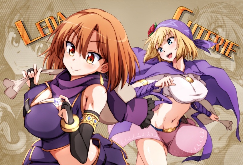 :d armlet bandana bangle black_legwear blonde_hair blue_eyes bracelet breasts brown_hair cape character_name cleavage cleavage_cutout closed_mouth commentary_request cowboy_shot elbow_gloves eyebrows_visible_through_hair flower gem gloves hair_flower hair_ornament highres holding holding_sack jewelry kyuteri_(sennen_sensou_aigis) large_breasts leda_(sennen_sensou_aigis) looking_to_the_side medium_hair midriff multiple_girls navel necklace open_mouth orange_eyes partly_fingerless_gloves pendant pink_skirt purple_cape purple_scarf red_flower red_rose rose runaru sack scarf sennen_sensou_aigis shiny shiny_skin short_hair skirt smile stomach thighs zoom_layer