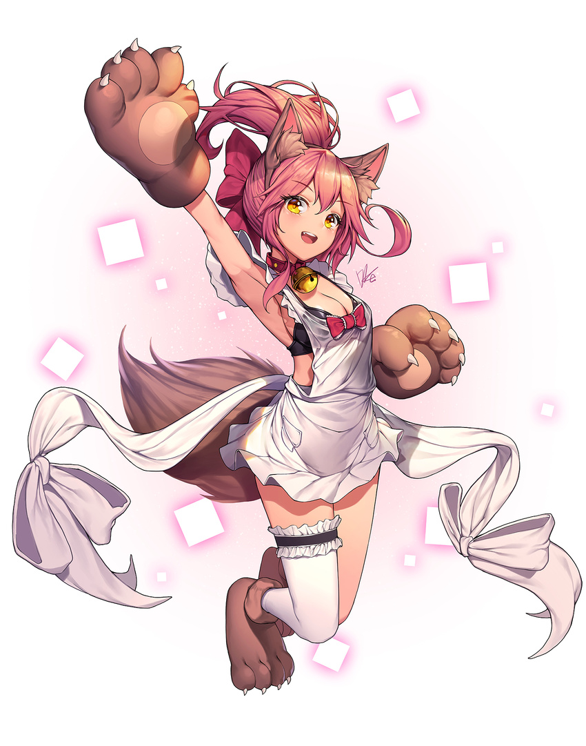 :d animal_ears apron arm_up armpits bell black_bra blush bow bra breasts brown_footwear brown_gloves brown_hairband cleavage collar eyebrows_visible_through_hair fake_animal_ears fang fate/extra fate_(series) fox_ears fox_tail full_body gloves hair_bow hairband highres jingle_bell jumping lee_seok_ho leg_garter legs_together long_hair looking_at_viewer medium_breasts nearly_naked_apron open_mouth paw_gloves paw_shoes paws pink_hair ponytail red_bow round_teeth shiny shiny_hair shoes single_thighhigh smile solo square tail tamamo_(fate)_(all) tamamo_cat_(fate) teeth thighhighs underwear white_apron white_legwear yellow_eyes