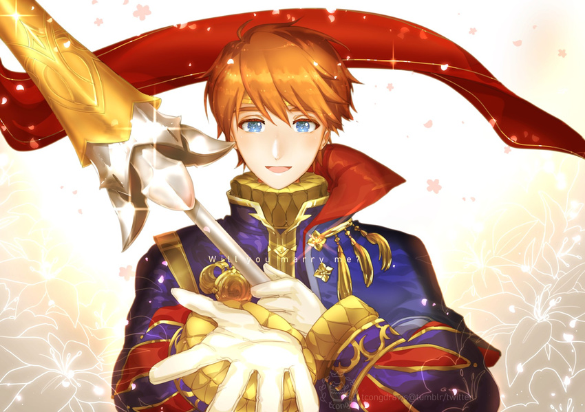 blue_eyes blush cape eliwood_(fire_emblem) fire_emblem fire_emblem:_rekka_no_ken fire_emblem_heroes flower gloves highres male_focus red_hair short_hair simple_background smile solo tcong