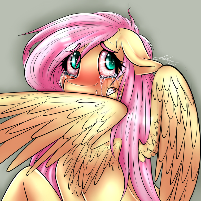 2015 crying equine feathered_wings feathers female feral fluttershy_(mlp) friendship_is_magic grey_background hair hi_res long_hair mammal mrfatcakes my_little_pony pegasus pink_hair simple_background solo tears wings yellow_feathers