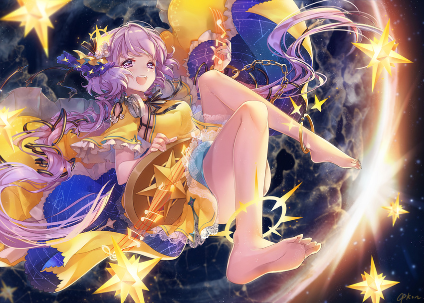 :d barefoot biwa_lute blush cat_princess constellation_print dress feet floating full_body hair_ribbon instrument knees_up long_hair looking_at_viewer lute_(instrument) music musical_note night night_sky open_mouth playing_instrument purple_eyes purple_hair ribbon ribbon-trimmed_dress short_sleeves sky smile soles solo star touhou tsukumo_benben twintails upper_teeth very_long_hair wide_sleeves yellow_dress