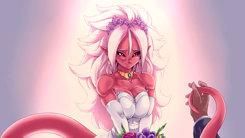 1girl android_21 bouquet breasts dragon_ball dragonball_z flower large_breasts majin_android_21 muscles pink_hair pink_skin red_eyes smile tail wedding_dress