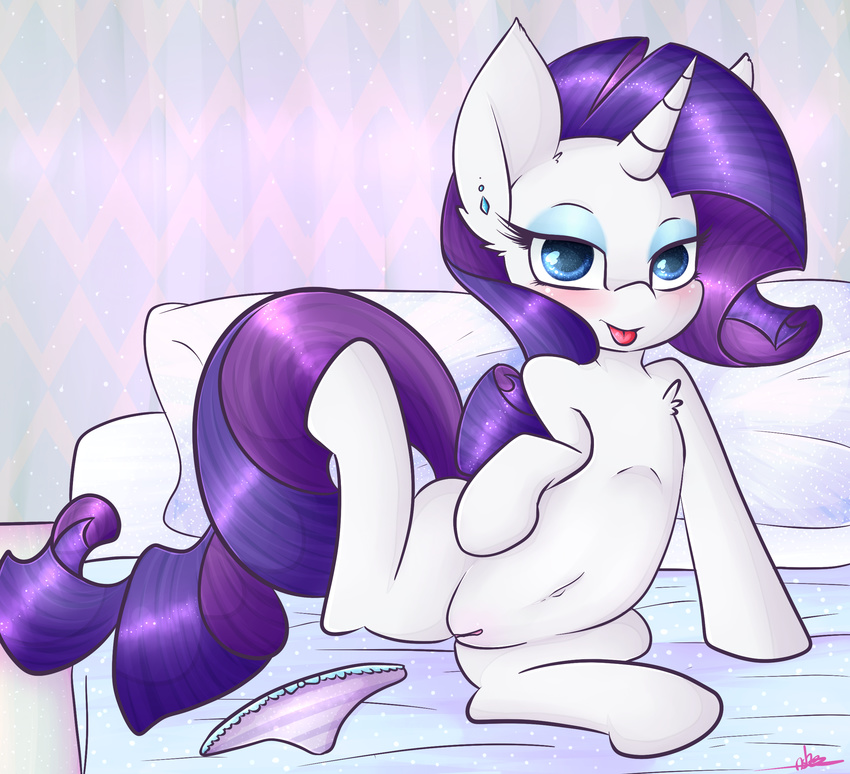 2016 ashee_cakes bed blue_eyes blush clothing discarded_clothing ear_piercing equine female feral friendship_is_magic fur hair horn inside inviting looking_at_viewer mammal my_little_pony navel on_bed panties piercing pillow presenting presenting_pussy purple_hair pussy rarity_(mlp) smile solo spread_legs spreading tongue tongue_out underwear unicorn white_fur