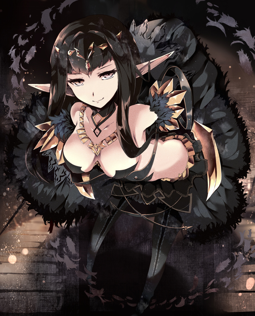 ass bangs bare_shoulders black black_dress black_footwear black_hair black_legwear boots breasts cleavage closed_mouth collarbone commentary_request detached_collar dress eyebrows_visible_through_hair fate/apocrypha fate/grand_order fate_(series) fur_trim hair_ornament highres leaning_forward long_hair looking_at_viewer medium_breasts pink_eyes pointy_ears semiramis_(fate) solo thigh_boots thighhighs venomrobo very_long_hair