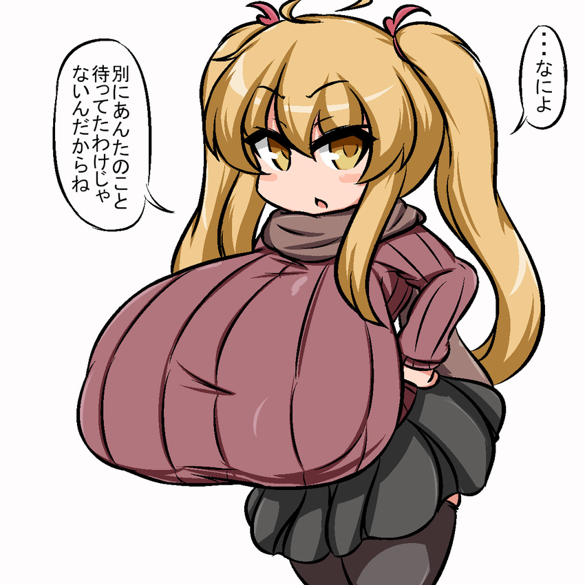 1girl black_legwear blonde_hair breasts female gigantic_breasts hair_ornament highres leaning_forward long_twintails looking_at_viewer miniskirt moyashi_udon open_mouth ribbed_sweater simple_background skirt solo standing sweater thighhighs translation_request twintails white_background yellow_eyes