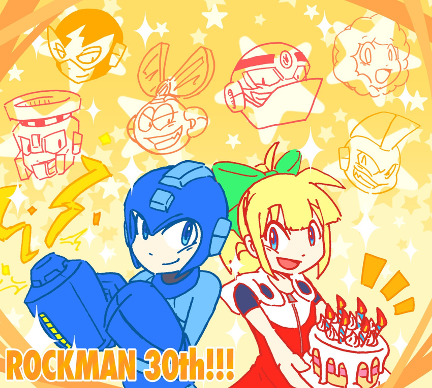 1girl 6+boys anniversary arm_cannon bangs blonde_hair blue_eyes bow cake candle capcom coldman copyright_name cutman elecman flameman fringe gutsman hair_bow hair_ornament helmet high_ponytail holding hoodie long_hair multiple_boys open_mouth ponytail rockman rockman_(character) rockman_(classic) roll sidelocks smile star text