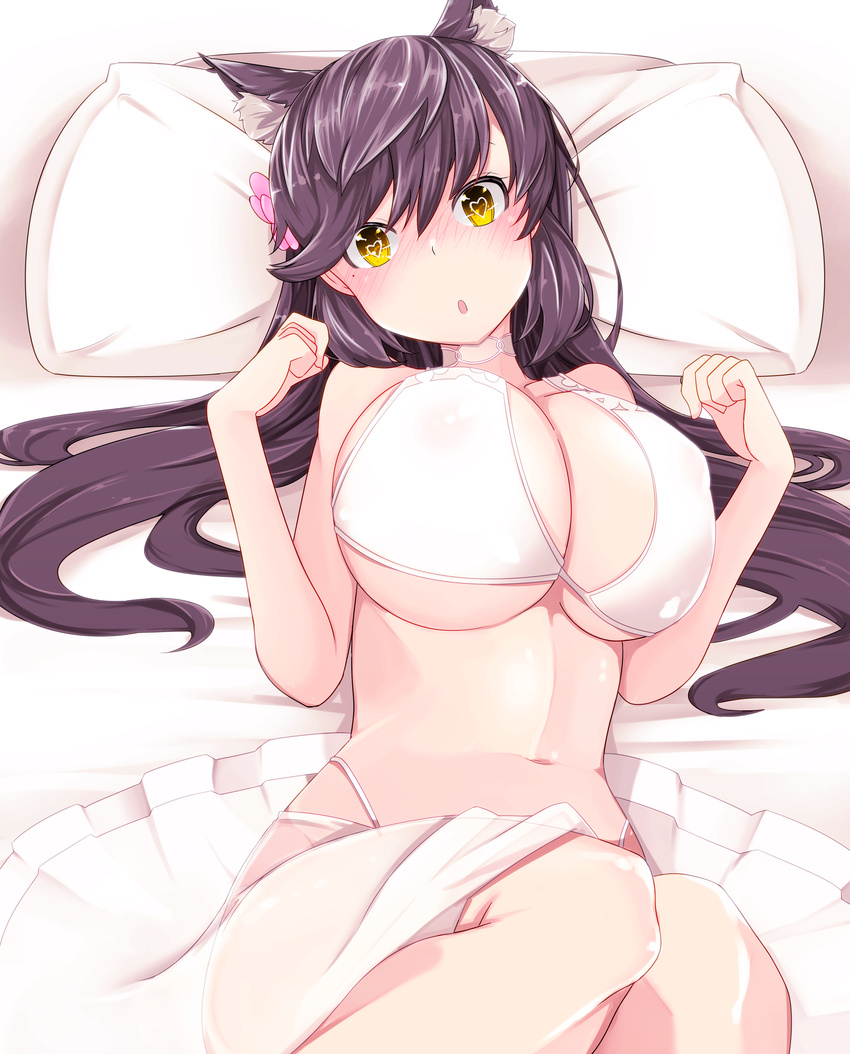 1girl absurdres animal_ears areolae atago_(azur_lane) azur_lane bed bikini blush breasts brown_hair cleavage curvy female fox_ears hair_ornament heart-shaped_pupils indoors large_breasts long_hair looking_at_viewer lying mole navel nipples on_back pon_(shind_997) see-through skirt solo swimsuit white_bikini white_swimsuit yellow_eyes