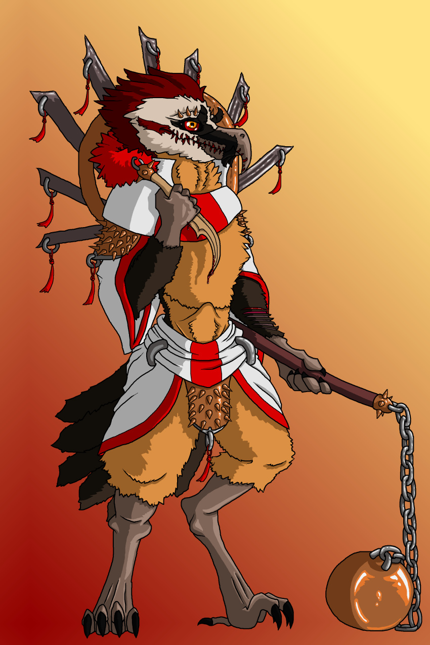 anthro avian bearded_vulture bird blood chain clothed clothing dungeons_&amp;_dragons feathers flail hi_res kadisurmik knife loincloth looking_at_viewer male melee_weapon morningstar pathfinder piercing robe skimpy smile solo standing vulture weapon