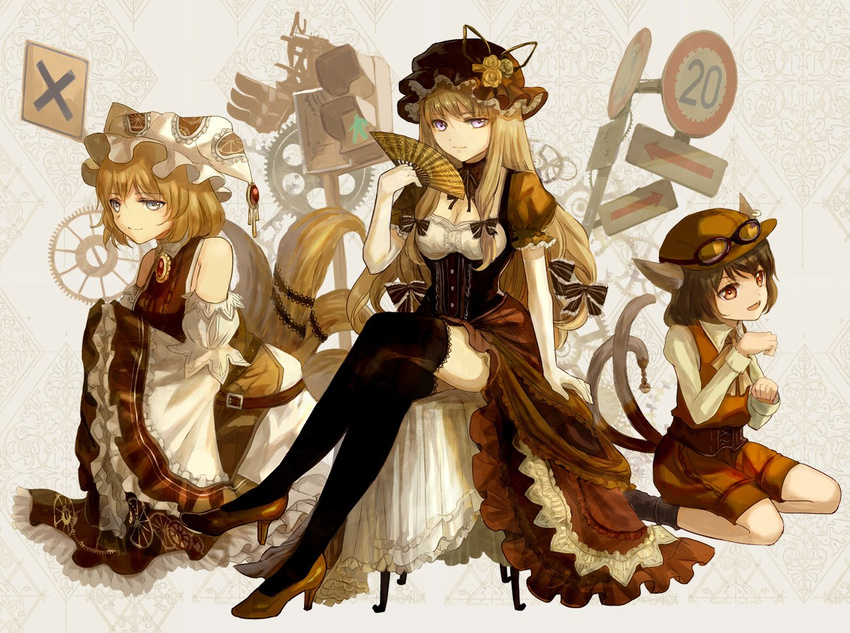 animal_ears bare_shoulders belt black_legwear blonde_hair bow bowtie breasts brown_eyes brown_hair brown_hat brown_shorts brown_vest cat_ears cat_tail chen cleavage commentary_request crossed_legs detached_sleeves fan fox_tail frilled_hat frills gear_print gears goggles goggles_on_headwear hair_ribbon hat high_heels keiko_(mitakarawa) lamppost long_hair looking_at_viewer medium_breasts mob_cap multi-tied_hair multiple_girls multiple_tails paw_pose pillow_hat puffy_short_sleeves puffy_sleeves purple_eyes ribbon road_sign seiza short_hair short_sleeves shorts sidelocks sign silver_eyes sitting smile steampunk tabard tail thighhighs touhou tress_ribbon two_tails underbust vest white_hat wide_sleeves yakumo_ran yakumo_yukari