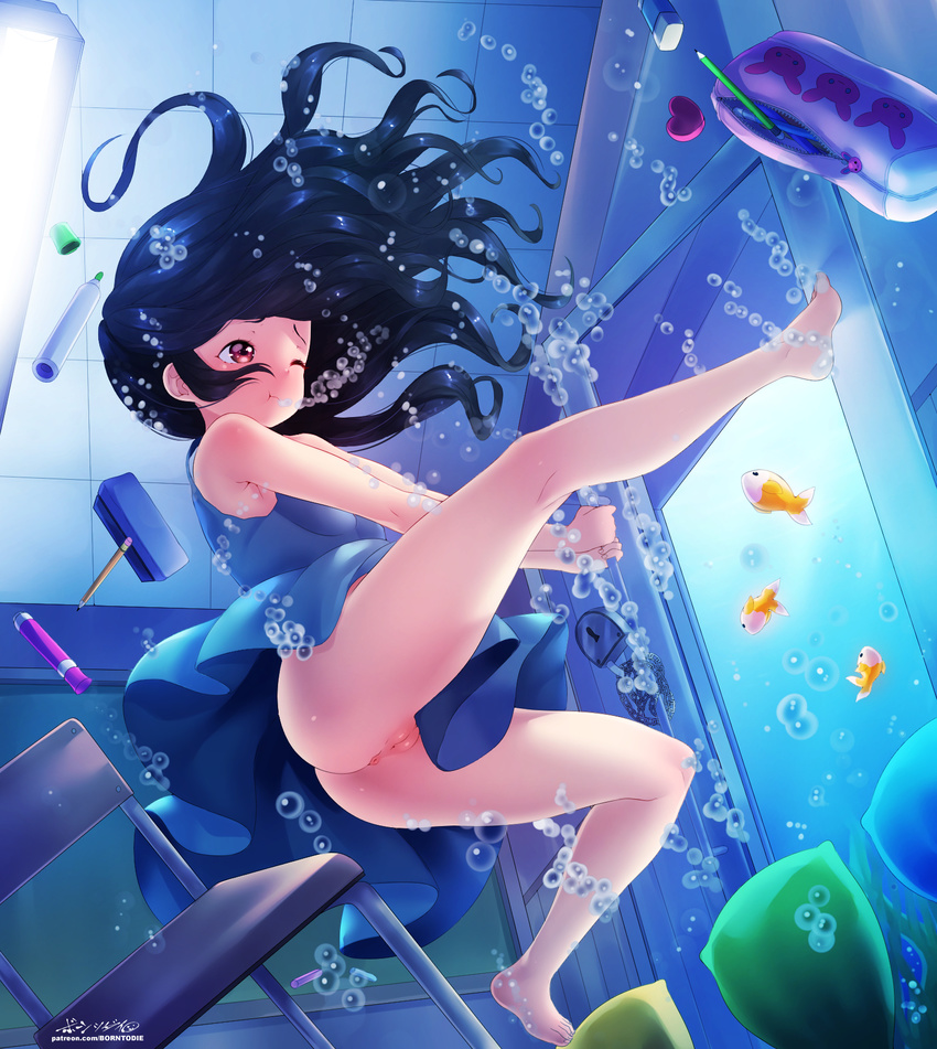 black_hair born-to-die brown_eyes bubble chair chalkboard classroom dress eraser fish highres lock long_hair no_panties padlock pencil pencil_case peril pussy solo uncensored underwater