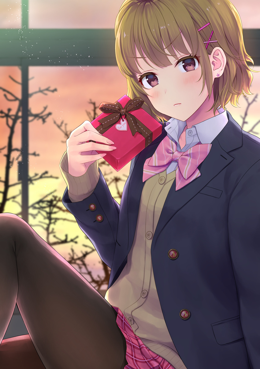 absurdres bad_id bad_pixiv_id bangs bare_tree black_jacket black_legwear blazer blurry blurry_background bow bowtie box brown_hair cardigan closed_mouth collared_shirt commentary_request daidai_jamu depth_of_field downscaled_revision eyebrows_visible_through_hair fingernails gift gift_box hair_ornament hairclip head_tilt highres holding holding_gift indoors jacket long_sleeves looking_at_viewer nail_polish open_blazer open_clothes open_jacket original pantyhose pink_nails pink_neckwear pink_skirt plaid plaid_skirt pleated_skirt school_uniform shirt sitting skirt solo sunset tree valentine white_shirt x_hair_ornament