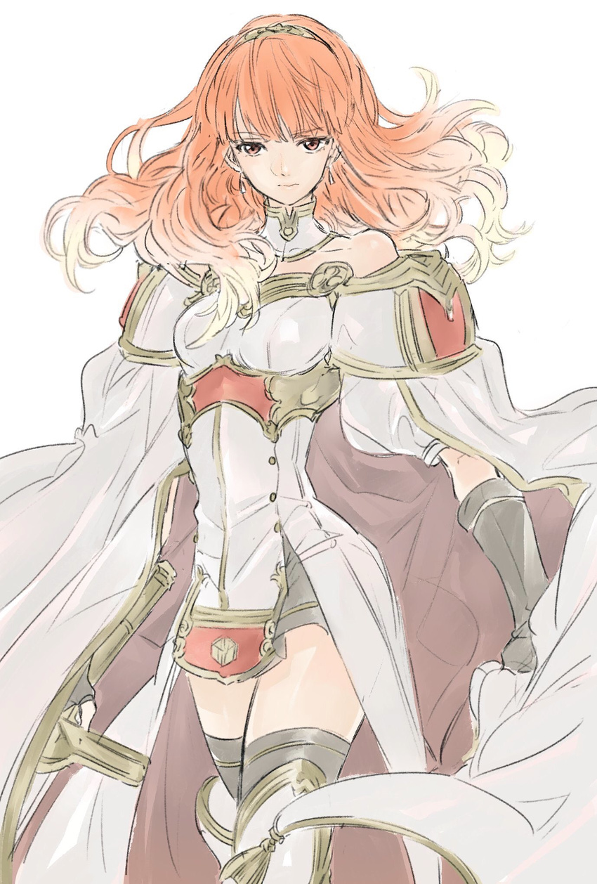 armor cape celica_(fire_emblem) dress fire_emblem fire_emblem_echoes:_mou_hitori_no_eiyuuou gloves highres jewelry long_hair red_eyes red_hair smile solo tiara ziro