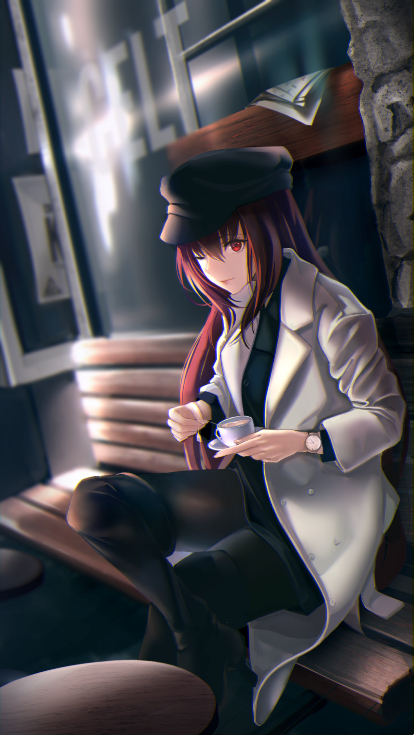 1girl bangs bench black_dress black_footwear black_hat black_legwear blurry boots breasts casual coat cup depth_of_field dress dutch_angle fate/grand_order fate_(series) hat high_heel_boots high_heels highres holding_saucer kisaragi_chiyuki large_breasts legs_crossed long_hair looking_at_viewer newspaper one_eye_closed open_clothes open_coat pantyhose purple_hair red_eyes saucer scathach_(fate)_(all) scathach_(fate/grand_order) sidelocks sitting smile solo table tea teabag thigh_boots thighhighs very_long_hair watch white_coat