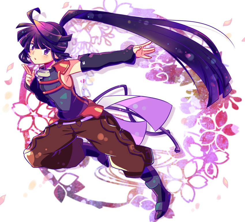 1girl ahoge akatsuki_(log_horizon) black_sleeves blue_shirt brown_pants detached_sleeves floating_hair full_body hair_between_eyes high_ponytail leg_up log_horizon long_hair long_sleeves pants parted_lips purple_eyes purple_hair running shirt sleeveless sleeveless_shirt solo spoonbill very_long_hair