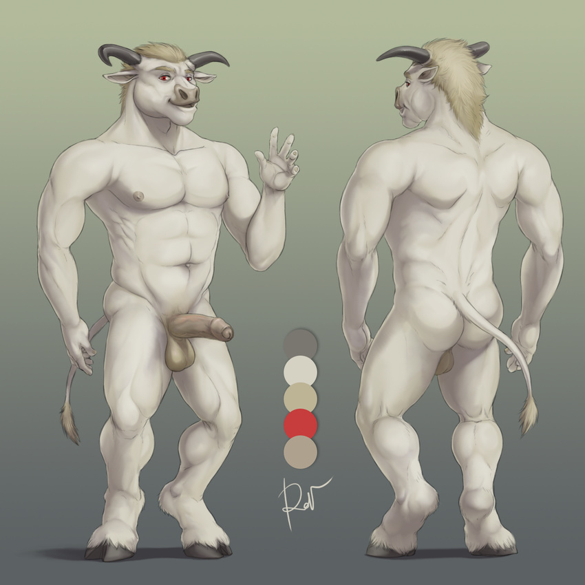 2018 5_fingers abs anthro balls biceps biped black_horn blonde_hair bovine brown_balls brown_nipples brown_penis cattle cloven_hooves color_swatch digital_media_(artwork) eldebron_cortry erection eyebrows foreskin front_view fur gradient_background grey_hooves hair hi_res hooves horn humanoid_penis looking_at_viewer male mammal model_sheet multiple_angles muscular muscular_male nipples nude obliques pecs penis rear_view red_eyes rov short_hair signature simple_background snout solo standing tail_tuft tuft uncut waving white_fur white_tail yellow_eyebrows