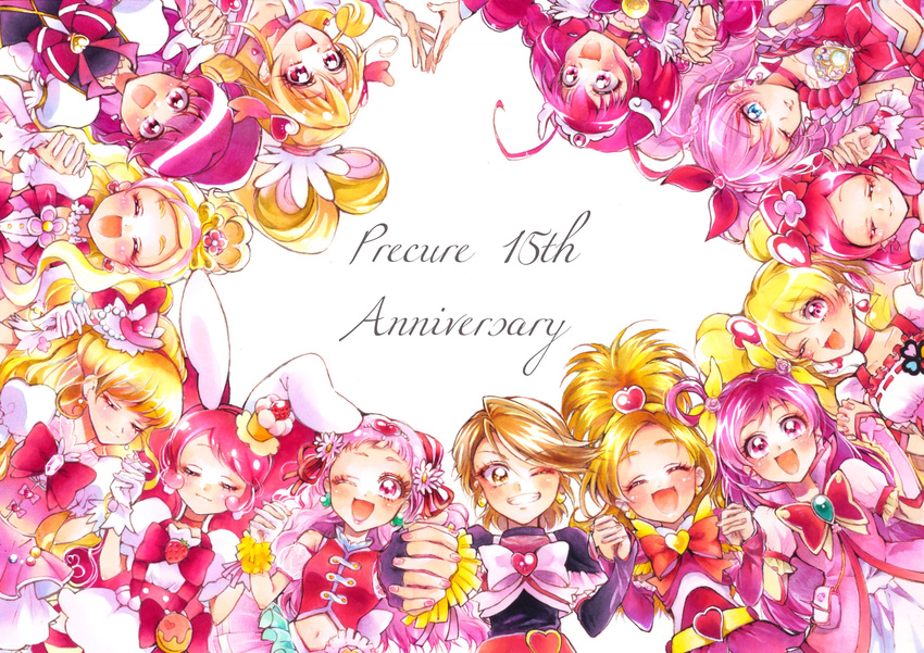 :d ;d absurdres aida_mana aino_megumi animal_ears anniversary asahina_mirai blonde_hair blush bow brooch brown_eyes brown_hair bunny_ears cake_hair_ornament circle_formation closed_eyes closed_mouth color_connection copyright_name cure_black cure_bloom cure_blossom cure_dream cure_flora cure_happy cure_heart cure_lovely cure_melody cure_miracle cure_peach cure_whip cure_yell dokidoki!_precure earrings everyone facing_viewer flower food_themed_hair_ornament fresh_precure! frills futari_wa_precure futari_wa_precure_splash_star gloves go!_princess_precure grin hair_bow hair_flower hair_ornament hair_ribbon hair_rings hanasaki_tsubomi happinesscharge_precure! haruno_haruka hat heart heart_earrings heart_hair_ornament heartcatch_precure! highres holding_hands hoshizora_miyuki houjou_hibiki hugtto!_precure hyuuga_saki jewelry kirakira_precure_a_la_mode long_hair looking_at_viewer mahou_girls_precure! mikan_(mikataaaa) mini_hat mini_witch_hat misumi_nagisa momozono_love multicolored_hair multiple_girls nono_hana one_eye_closed open_mouth pink_bow pink_eyes pink_hair pink_hat pink_shirt pink_sleeves ponytail precure precure_all_stars red_ribbon ribbon shirt short_hair simple_background smile smile_precure! streaked_hair suite_precure teeth tiara twintails two-tone_hair usami_ichika white_background white_bow white_gloves witch_hat wrist_cuffs yes!_precure_5 yes!_precure_5_gogo! yumehara_nozomi