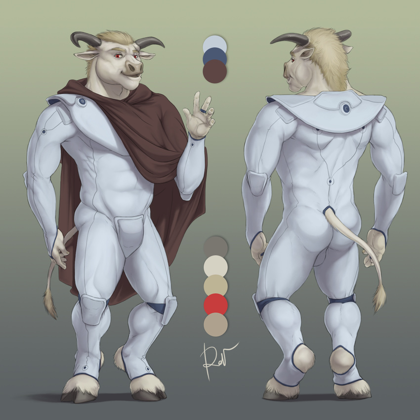 2018 5_fingers anthro biped black_horn blonde_hair bovine cape cattle clothed clothing cloven_hooves color_swatch digital_media_(artwork) eldebron_cortry eyebrows front_view fur furgonomics gradient_background grey_hooves hair hi_res hooves horn looking_at_viewer male mammal model_sheet multiple_angles rear_view red_eyes ring rov short_hair signature simple_background snout solo spacesuit standing tail_clothing tail_tuft tuft waving white_fur white_tail yellow_eyebrows