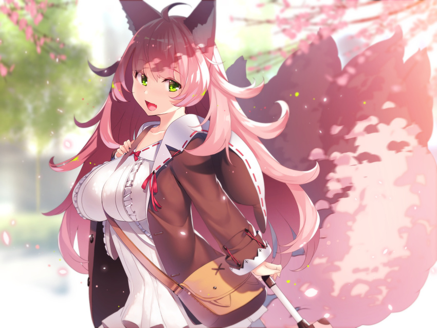 :d ahoge animal_ears bag bangs between_breasts blurry blurry_background blush breasts brown_jacket collarbone collared_dress commentary_request day depth_of_field dress eyebrows_visible_through_hair fang fox_ears fox_girl fox_tail green_eyes hair_between_eyes holding hood hood_down hooded_jacket impossible_clothes impossible_dress jacket kitsune large_breasts long_hair long_sleeves looking_at_viewer open_clothes open_jacket open_mouth original outdoors pink_hair shoulder_bag sidelocks smile solo spring_(season) strap_cleavage tail tree very_long_hair white_dress yuuji_(yukimimi)