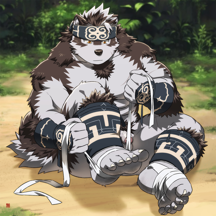 2018 abs anthro canine clothing digital_media_(artwork) fur headband hi_res horkeukamui kemono male mammal multicolored_fur muscular muscular_male pecs penis rossciaco simple_background solo tokyo_afterschool_summoners white_fur wolf