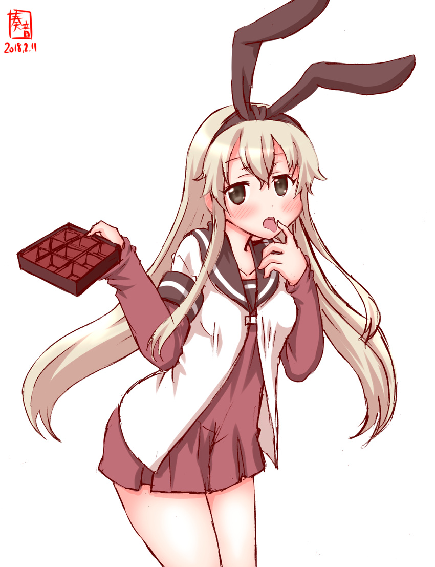 alternate_costume box box_of_chocolates commentary_request cosplay eating green_eyes hairband highres holding kanon_(kurogane_knights) kantai_collection light_brown_hair long_hair long_sleeves looking_at_viewer nanamori_school_uniform school_uniform serafuku shimakaze_(kantai_collection) short_over_long_sleeves short_sleeves simple_background sketch solo toshinou_kyouko toshinou_kyouko_(cosplay) white_background yuru_yuri