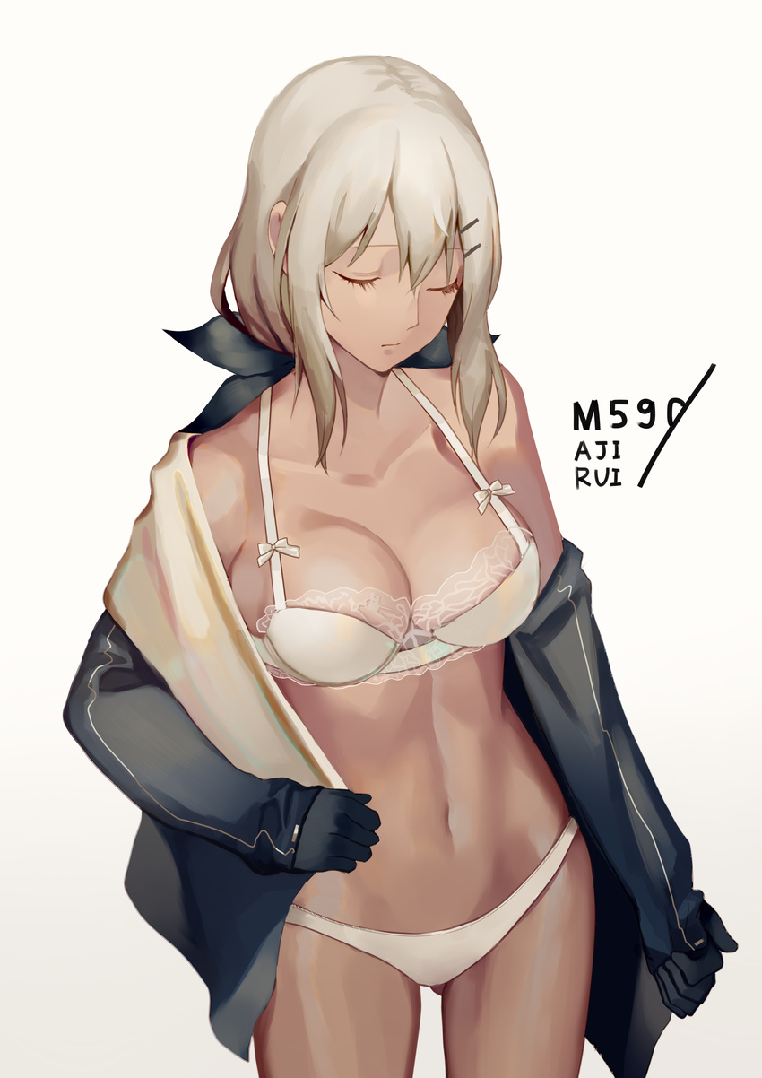 absurdres ajirui artist_name ass_visible_through_thighs bangs bare_legs black_gloves black_jacket bow bow_bra bra breasts character_name cleavage closed_eyes closed_mouth clothes_removed collarbone commentary cropped_jacket crossed_bangs dark_skin expressionless eyebrows_visible_through_hair girls_frontline gloves gradient gradient_background hair_between_eyes hair_ornament hairclip highres holding_clothes jacket lace lace-trimmed_bra large_breasts lingerie long_hair low-tied_long_hair mossberg_m590_(girls_frontline) navel off_shoulder panties shirt sidelocks silver_hair simple_background solo stomach thighs underwear undressing white_panties white_shirt