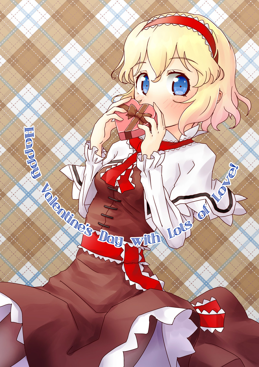 alice_margatroid alternate_color blonde_hair blue_eyes bow box breasts brown_background brown_bow brown_dress brown_legwear capelet covering_mouth cowboy_shot dress english hairband heart-shaped_box highres holding holding_box ikamagu long_sleeves looking_at_viewer pantyhose plaid plaid_background red_hairband red_neckwear sash short_hair small_breasts solo standing tareme touhou white_capelet