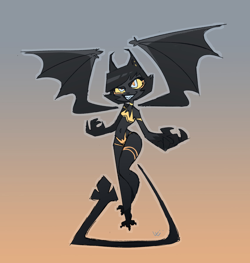 2018 4_fingers anthro bat_wings black_fur black_hair blue_eyes breasts cat clothing ecaflip feline female fur hair kijiji_(schmuccubus) lingerie looking_at_viewer mammal membranous_wings navel pose schmuccubus short_hair simple_background smile smirk solo succubus wings yellow_sclera