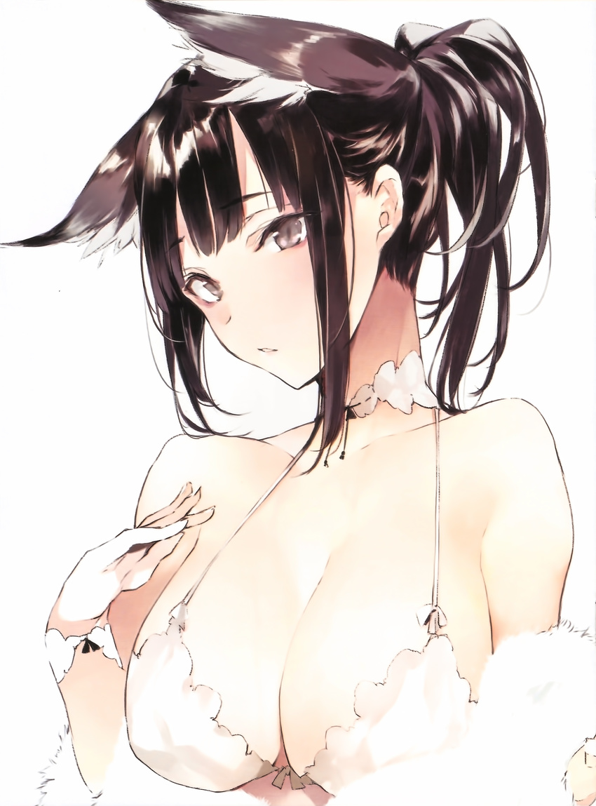 absurdres animal_ears black_eyes black_hair breasts choker cleavage cropped eyebrows_visible_through_hair eyeliner highres large_breasts makeup original parted_lips ponytail scan shunsei_(muratou) sidelocks simple_background solo upper_body white_bikini_top wrist_cuffs