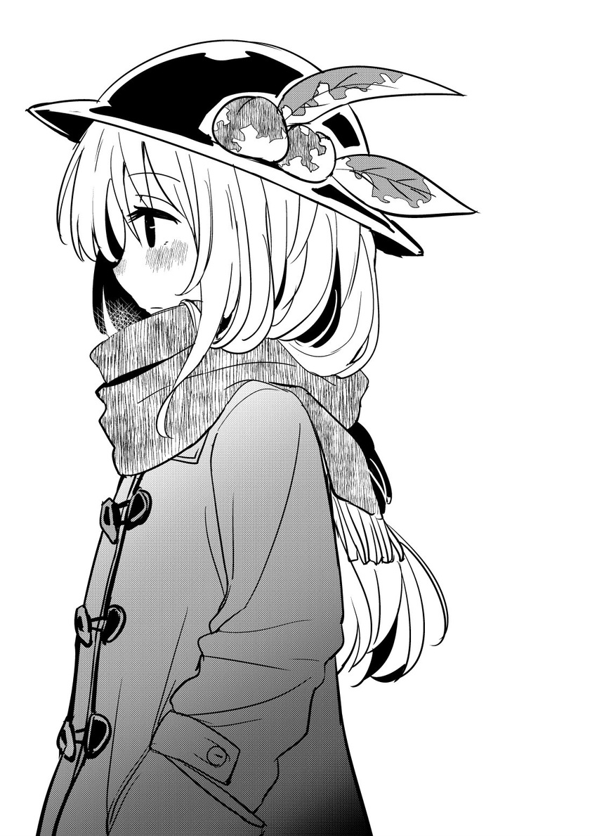 alternate_costume closed_mouth coat commentary food from_side fruit greyscale hand_in_pocket hat highres hinanawi_tenshi leaf long_hair long_sleeves monochrome nibi peach scarf solo touhou white_background