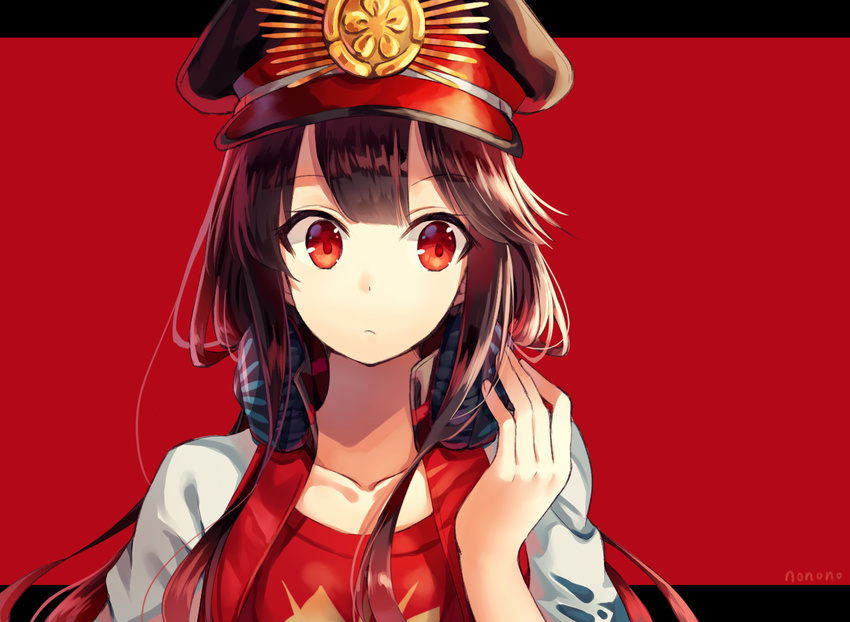 artist_name black_hair buster_shirt commentary_request fate/grand_order fate_(series) hat hat_ornament jacket light_frown long_hair nonono oda_nobunaga_(fate) oda_nobunaga_(swimsuit_berserker)_(fate) peaked_cap red_eyes solo wide-eyed