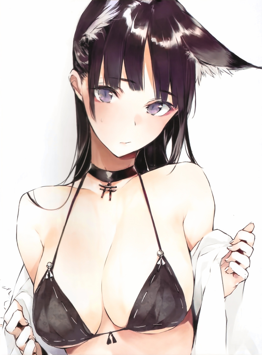 absurdres animal_ears bangs bare_shoulders bikini bikini_top black_bikini black_bikini_top black_hair blunt_bangs breasts choker cleavage collarbone cropped eyebrows_visible_through_hair fingernails front-tie_bikini front-tie_top highres looking_at_viewer medium_breasts original purple_eyes scan shiny shiny_hair shunsei_(muratou) simple_background solo sweatdrop swimsuit torii upper_body