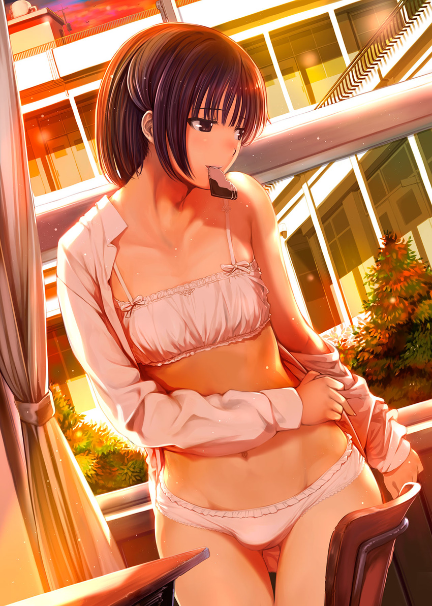 arm_at_side ass_visible_through_thighs bangs blunt_bangs blush bra brown_eyes brown_hair building bulge bush chair chocolate chocolate_heart collarbone commentary_request cowboy_shot curtains desk dutch_angle evening food_in_mouth frilled_panties frills heart highres indoors long_sleeves looking_away looking_to_the_side male_focus medium_hair mikazuki_akira! mouth_hold navel open_clothes open_shirt original otoko_no_ko panties railing red_sky school school_chair school_desk school_uniform shirt single_bare_shoulder sky standing sunlight thigh_gap training_bra underwear undressing valentine white_bra white_panties white_shirt window