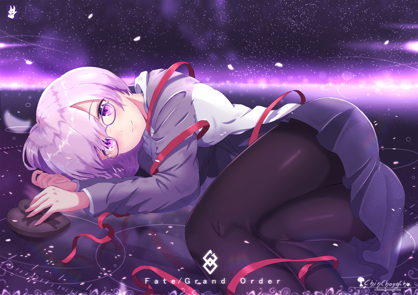 ass black_legwear chinchongcha commentary_request copyright_name fate/grand_order fate_(series) glasses highres looking_at_viewer lying mash_kyrielight necktie pantyhose purple_eyes purple_hair ribbon short_hair smile solo