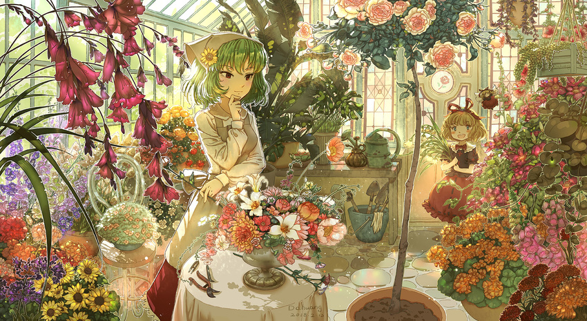 :d apron backlighting black_blouse blonde_hair blouse blue_eyes botanical_garden bow bowtie chair closed_mouth commentary dahuang day doll flower green_hair greenhouse hair_flower hair_ornament hair_ribbon half-closed_eye hand_on_own_chin hand_up hands_up highres holding holding_flower indoors kazami_yuuka light_smile long_sleeves looking_at_another medicine_melancholy multiple_girls open_mouth plant puffy_short_sleeves puffy_sleeves red_eyes red_neckwear red_skirt ribbon rose scenery shiny shiny_hair shirt short_hair short_sleeves skirt smile stained_glass standing su-san sunflower sunflower_hair_ornament table thinking touhou white_shirt window wings
