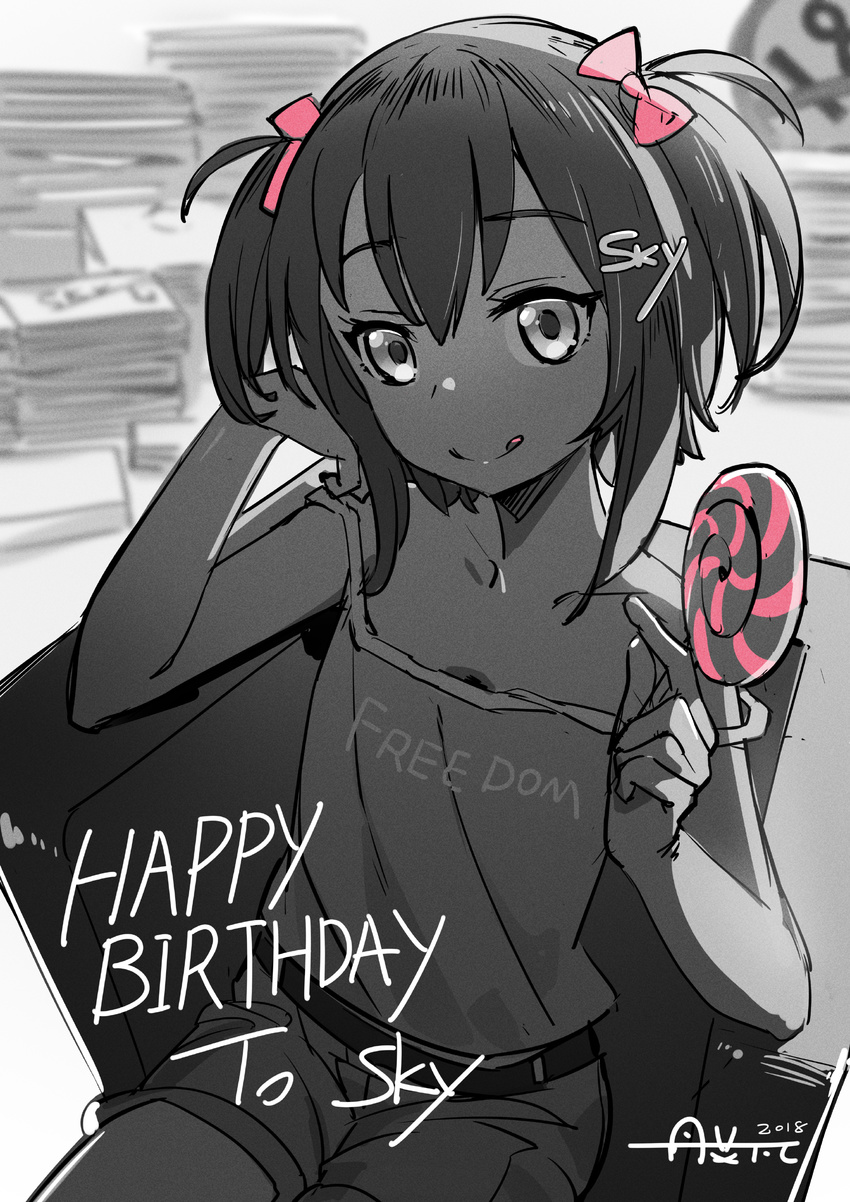 2018 :q absurdres blurry borrowed_character bow camisole candy chin_rest depth_of_field el-zheng eyebrows_visible_through_hair flat_chest food greyscale hair_bow hair_ornament happy_birthday highres indoors lollipop looking_at_viewer monochrome original short_hair short_shorts shorts sitting sky_(sky-freedom) solo strap_slip tongue tongue_out two_side_up