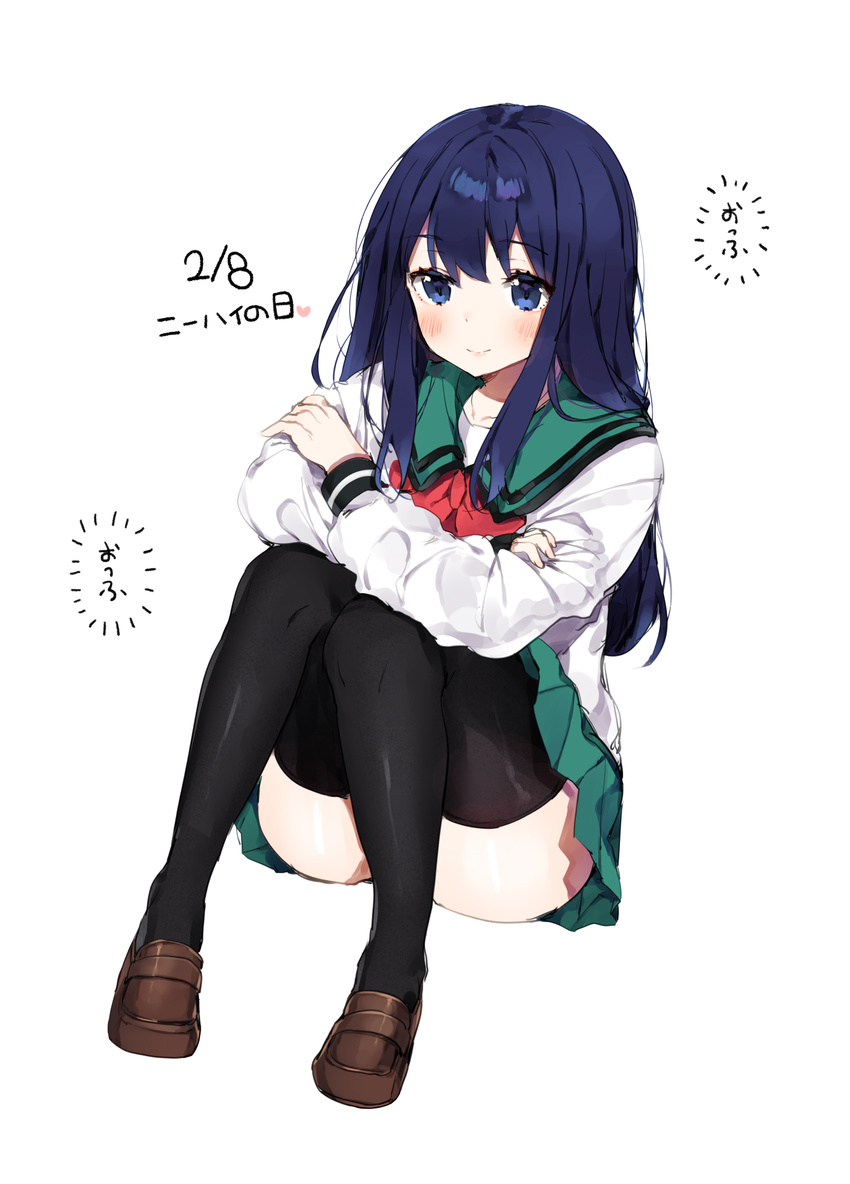 absurdres ass bad_id bad_pixiv_id black_legwear blue_eyes blue_hair blush bow brown_footwear crossed_arms date_pun dated eyebrows_visible_through_hair full_body green_sailor_collar green_skirt highres invisible_chair loafers long_hair long_sleeves miniskirt number_pun ongyageum pleated_skirt red_bow saiki_kusuo_no_psi_nan sailor_collar school_uniform shoes sitting skirt smile teruhashi_kokomi thighhighs white_background