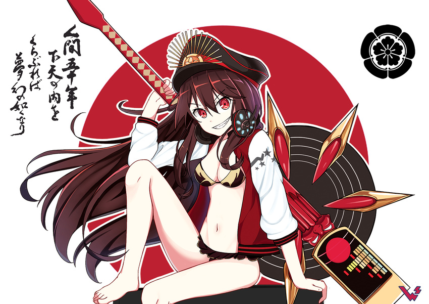 bikini black_hair blush fate/grand_order hat long_hair oda_nobunaga_(swimsuit_berserker)_(fate) red_eyes smile sword uniform warrior