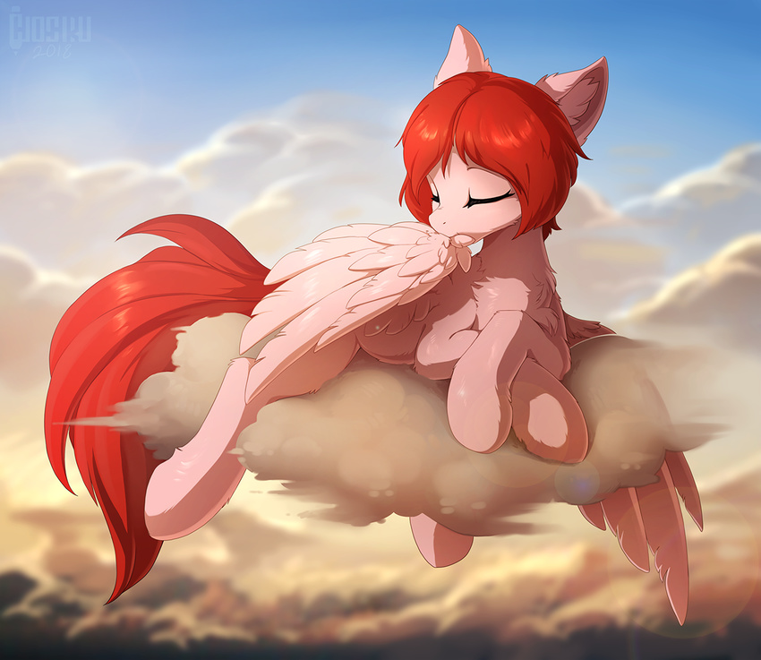 cloud day detailed_background equine eyes_closed fan_character feathered_wings feathers female feral fur hair hioshiru hooves mammal my_little_pony outside pegasus pink_feathers pink_fur preening red_hair sky solo wings