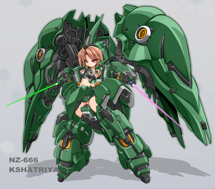 armor beam_saber brown_hair character_name commentary_request dual_wielding gundam gundam_unicorn highres holding karukan_(monjya) kshatriya mecha_musume navel red_eyes serious shadow simple_background