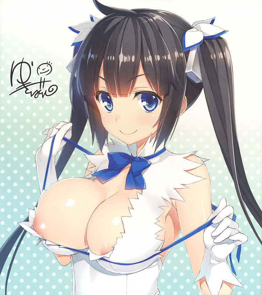 absurdres areola_slip areolae arm_ribbon backless_dress backless_outfit bare_shoulders black_hair blue_bow blue_eyes blue_neckwear blue_ribbon bow bowtie breasts cleavage cleavage_cutout closed_mouth dress dungeon_ni_deai_wo_motomeru_no_wa_machigatteiru_darou_ka gloves gradient gradient_background hair_ornament hair_ribbon hands_up hestia_(danmachi) highres holding holding_ribbon large_breasts long_hair looking_at_viewer nipples polka_dot polka_dot_background puffy_nipples rei_no_himo ribbon scan shiny shiny_skin short_dress signature skindentation sleeveless sleeveless_dress smile solo source_request standing twintails upper_body very_long_hair white_dress white_gloves yuuki_hagure