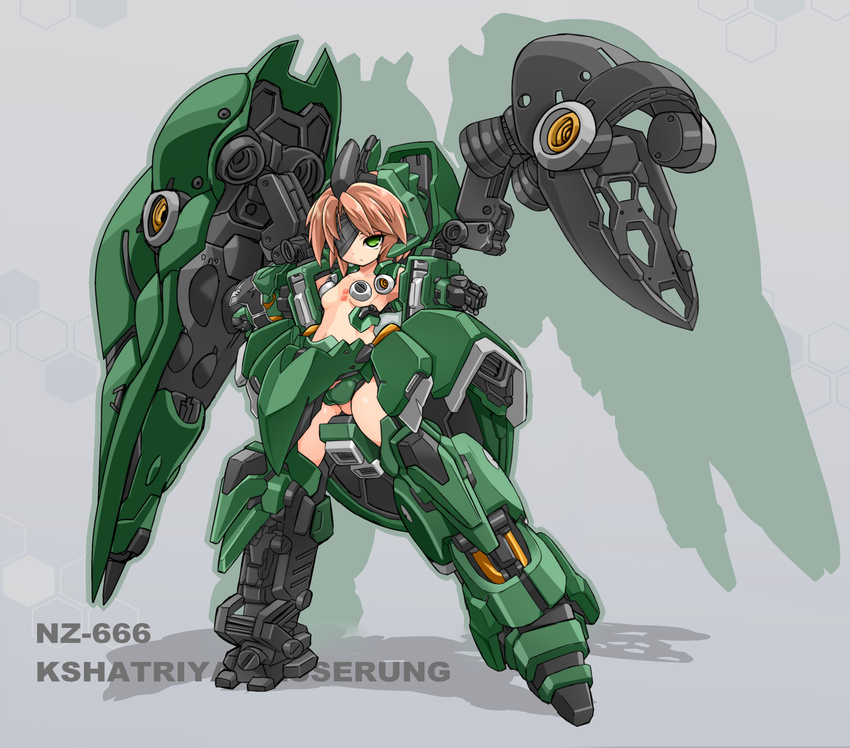 amputee armor brown_hair character_name commentary_request eyepatch green_eyes gundam gundam_unicorn highres karukan_(monjya) kshatriya mecha_musume navel parts_exposed shadow simple_background