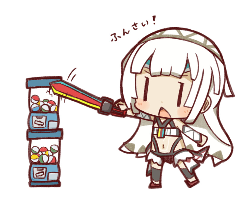 :o altera_(fate) chibi fate/grand_order fate_(series) gashapon navel nuu_(nu-nyu) photon_ray simple_background solo standing stomach sword triangle_mouth v-shaped_eyebrows vambraces veil weapon white_background white_hair ||_||