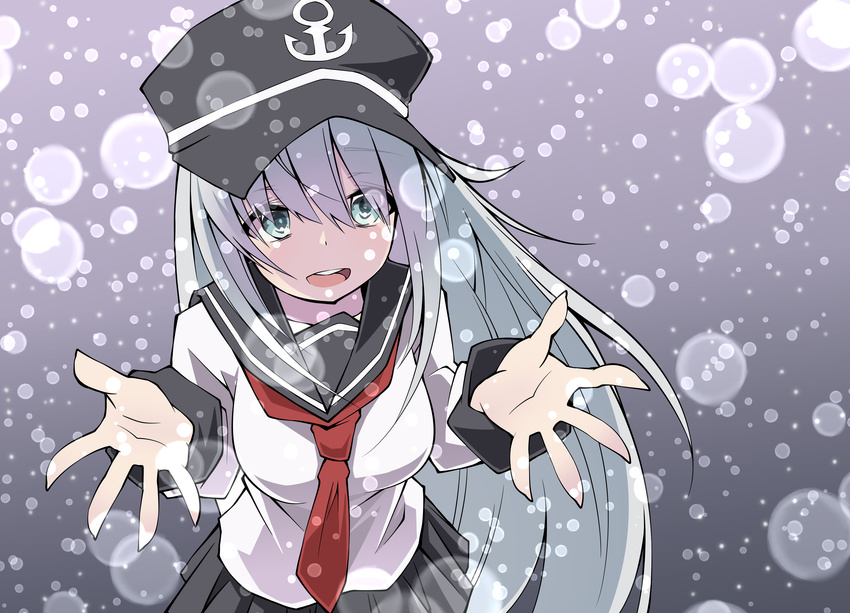 :d absurdres anchor_symbol bangs black_hat black_sailor_collar black_skirt blue_eyes breasts collarbone eyebrows_visible_through_hair flat_cap hair_between_eyes hat hibiki_(kantai_collection) highres kantai_collection long_hair long_sleeves medium_breasts necktie older open_mouth pleated_skirt red_neckwear sailor_collar sakakiba_misogi school_uniform serafuku shirt silver_hair skirt smile solo upper_teeth very_long_hair white_shirt