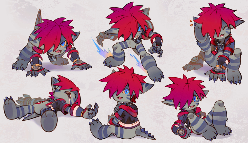 :3 all_fours alternate_form blue_eyes drooling fangs hair_over_one_eye hood hoodie jewelry kingdom_hearts kingdom_hearts_iii lying monster_boy necklace on_back open_clothes open_hoodie pointy_ears red_hair sleeping sora_(kingdom_hearts) spiked_hair tail uzucake