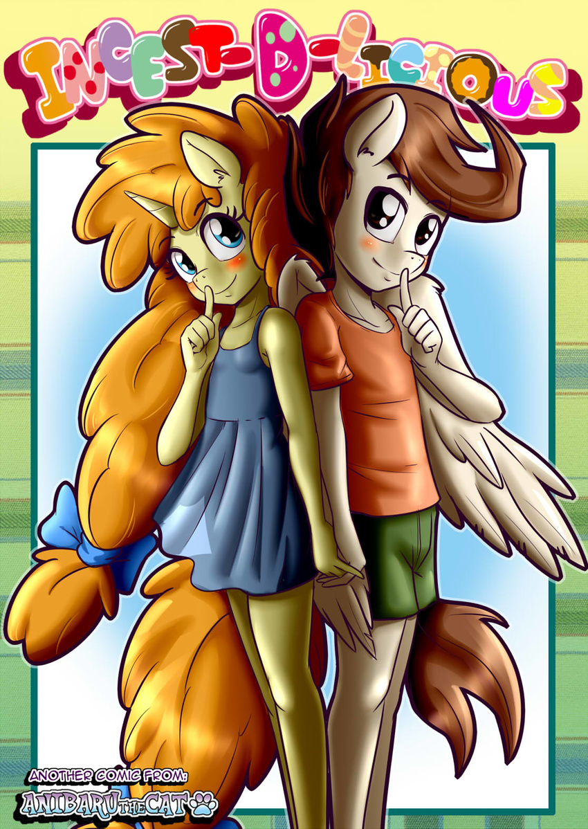 2018 aged_up anibaruthecat anthro anthrofied blush brother brother_and_sister brown_hair clothed clothing dress duo equine female friendship_is_magic hair hi_res horn long_hair looking_at_viewer mammal my_little_pony pegasus pound_cake_(mlp) pumpkin_cake_(mlp) shirt sibling sister smile text unicorn wings